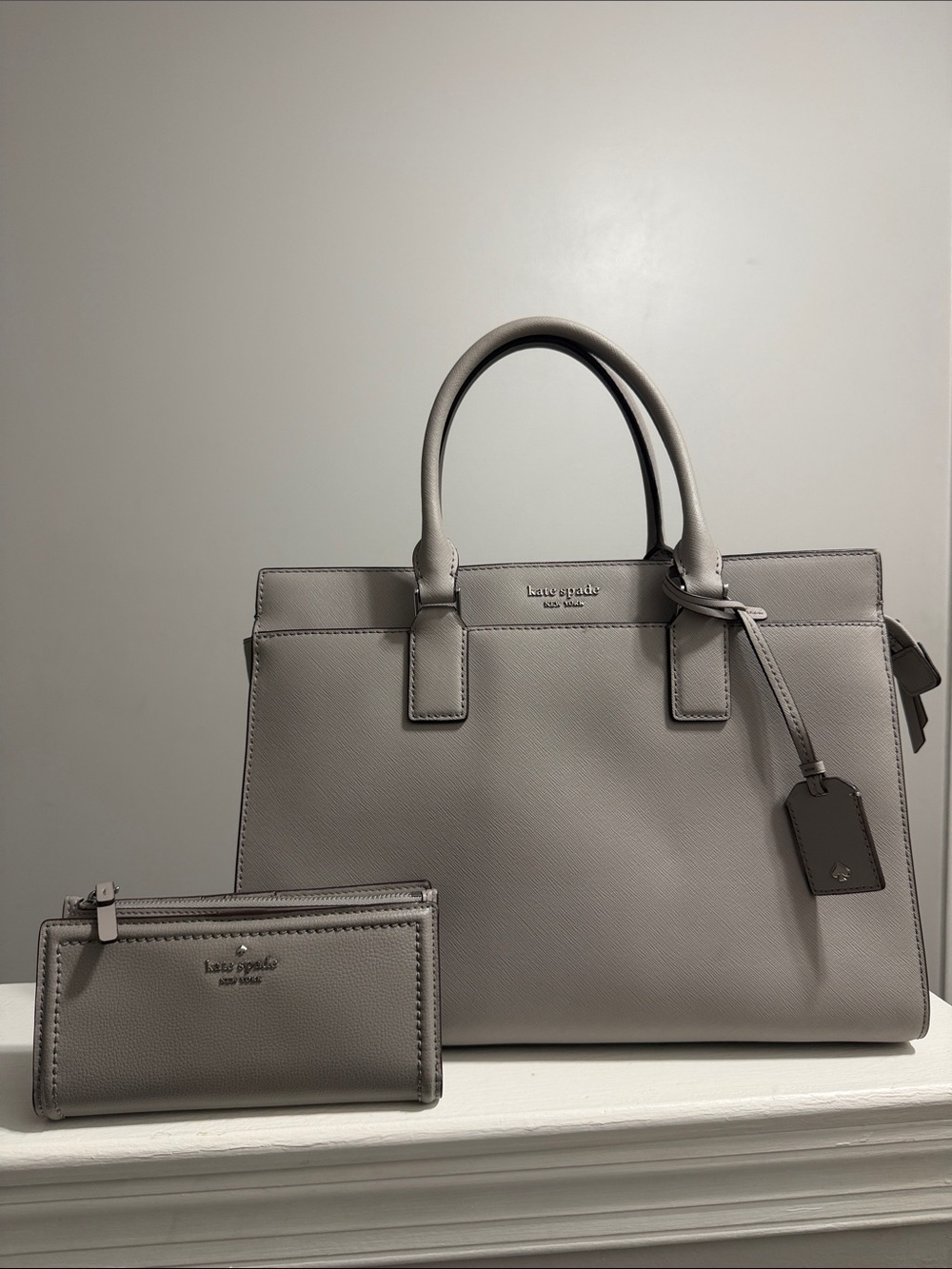 kate spade gray leather satchel with matching wallet